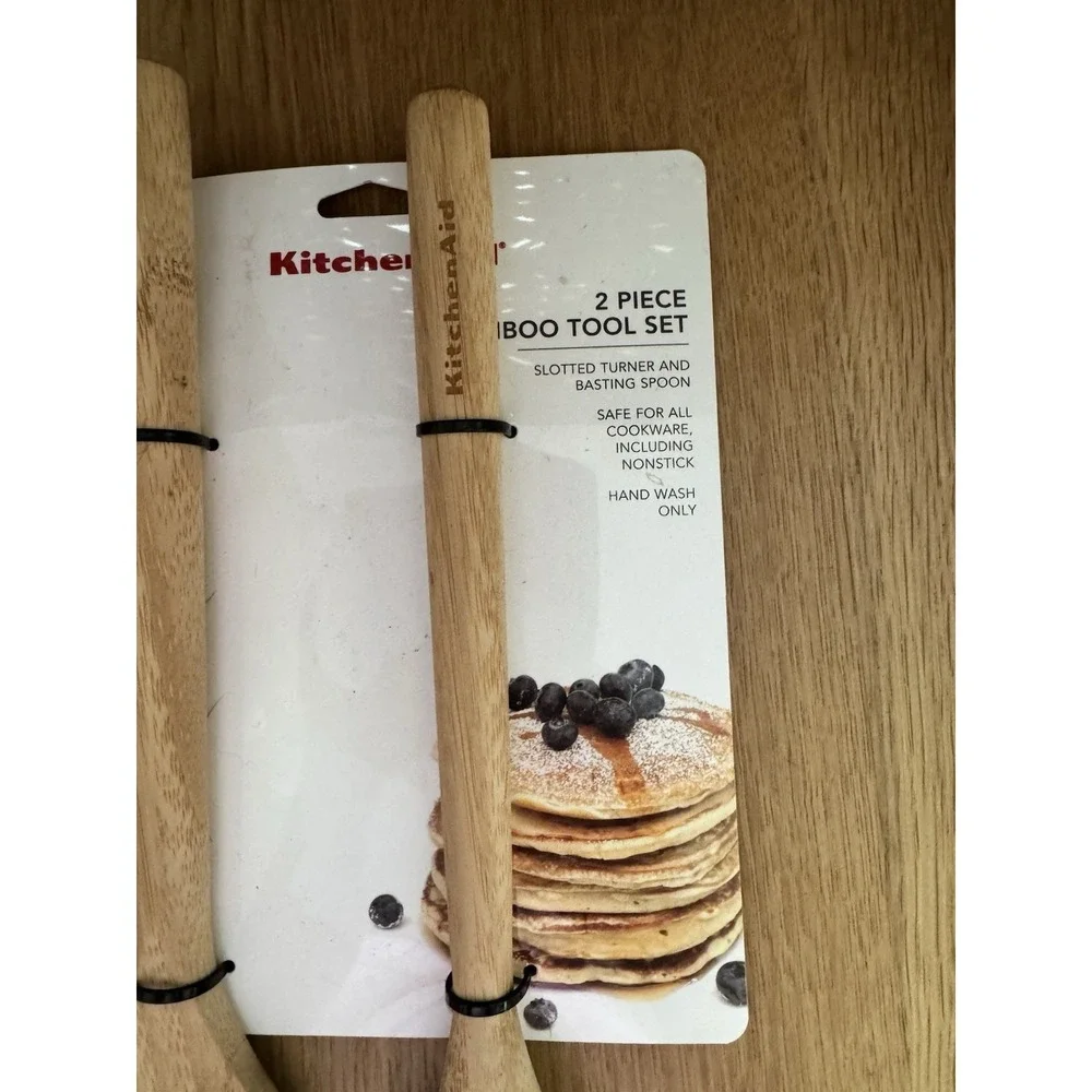 New KitchenAid Bamboo Short Turner Lifter Salad Tong Spoon Set 2 piece tool set